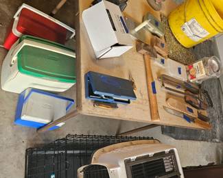 Dog kennels, coolers, misc