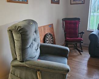 Power chair, dart board, vintage rocking chair, wall decor