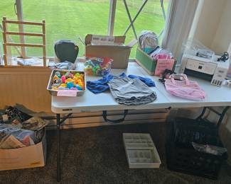 Printer, craft items, fabric, storage grid, bakers boxes, craft blanks, jewlry stands for craft shows, etc