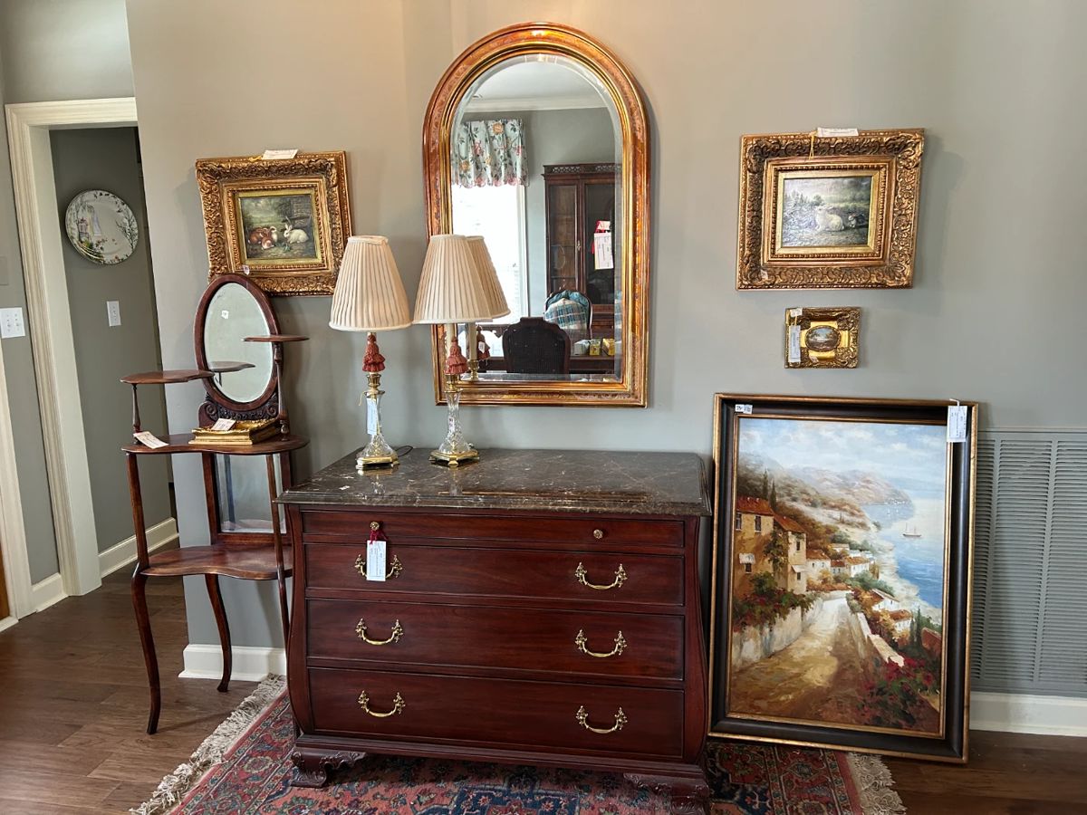 #28 Henkel Harris 1996 marble top 4 drawer chest 46x23x34 $2,000.00
#30 20x18 gold frame with original oil of 3 rabbits by S Rayder $275.00
#31 20x18 gold frame with original oil of 3 white/black rabbits by S. Rayder $275.00
#33 gold bevel arched mirror 27x44 $200.00