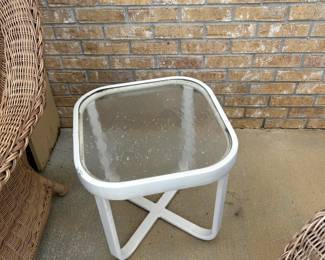 #117 white square glass top table patio 12x12 $25.00