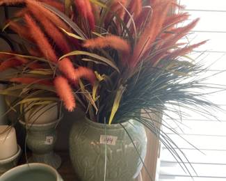 #144 Celedon Look Vase w/Floral Arrangement w/cattails - 9" Tall $40.00