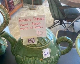 #156 Bordallo Pinheiro Teapot, Basket Weave w/leaves $30.00