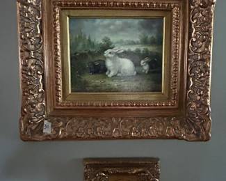 #31 20x18 gold frame with original oil of 3 white/black rabbits by S. Rayder $275.00
#32 9x8 gold frame with original minnie oil painting of tree with lady $75.00 SOLD