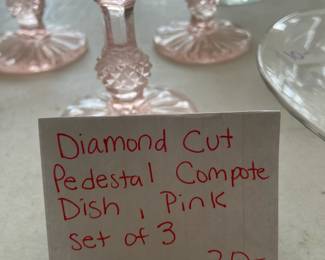 #176 Diamond Cut Pedestald Compote Dish, Pink - Set of 3 6.25" $30.00