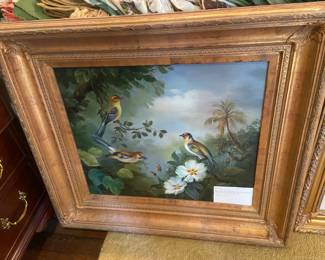 #130 Signed Oil Painting "W. Richard" 3 birds with botanicals $400.00