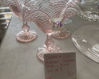#176 Diamond Cut Pedestald Compote Dish, Pink - Set of 3 6.25" $30.00