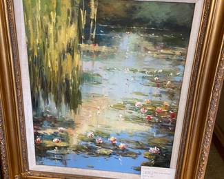 #129 Signed "lilies and Willow" Painting 28x33 - Frame As IS $375.00