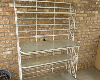 #86 green metal baker rack 41x19x76 with glass shelves $125.00
