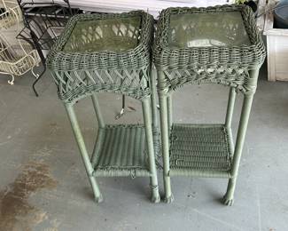 #104 pair of green plastic wicker end tables with glass top 12x28 $35.00