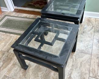#89 black painted wood end tables with glass top Pair 20x17 $65.00