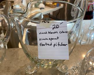 #206 Hand Blown Glass Pinch /spout Footed Pitcher $20.00