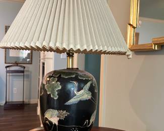 #80 29 inch black Asian ginger jar lamp with wood stand 29 tall $175.00