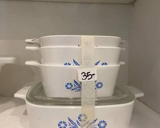#199 5 piece Pyrex casserole dishes blue flower $35.00