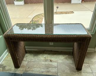 #88 wicker brown sofa table with wood support and protective glass top 49x18x29 $120.00