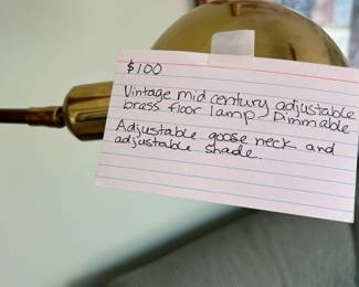 #249 Midcentury adjustable brass floor lamp Dimmable adj goose neck wan adj shade $100.00