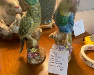 #139 Set of 2 Majolica Parrot 9" Figurines Hand Painted Green & Blue $80.00