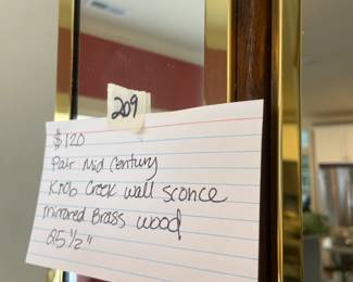 #209 Pair .5"of Mid Century Bib Creek Wall Sconce Mirrored Brass Wood 25.5" $120.00