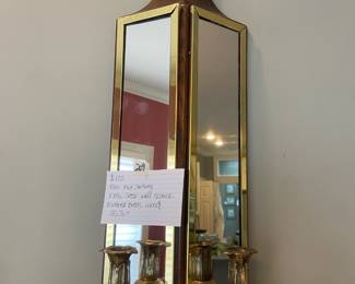 #209 Pair .5"of Mid Century Bib Creek Wall Sconce Mirrored Brass Wood 25.5" $120.00