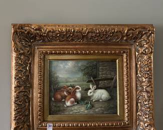 #30 20x18 gold frame with original oil of 3 rabbits by S Rayder $275.00