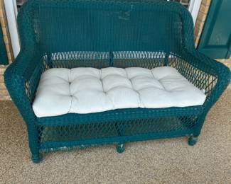 #189 Green Wicker Painted Loveseat w/cushion - 57" Long - as is $75.00