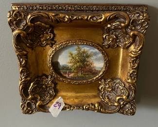 #29 9x8 gold frame with original Minnie oil painting of tree with lady $75.00