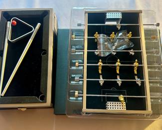 Miniature pool table and foosball (table soccer) game