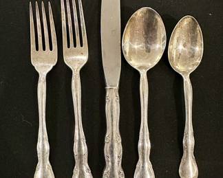 Gorham "Rose Tiara" Sterling Sliver flatware. Service for nine including salad fork, dinner fork, dinner knife, soup spoon and teaspoon.