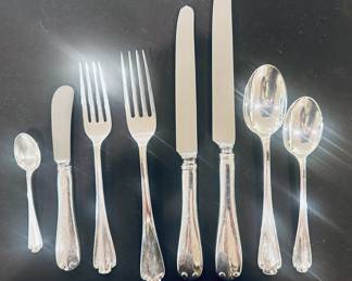 Tiffany "Flanders" Sterling tableware. 8 piece service for 12 including coffee spoon, butter knife, salad fork, dinner fork, luncheon knife, dinner knife, soup spoon, tea spoon. Not monogrammed.