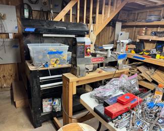 Craftsman lathe & tools, Kobalt workbench, vise, etc.
