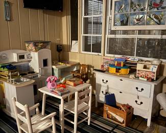 Child's table & chairs, play kitchen set, white dresser.