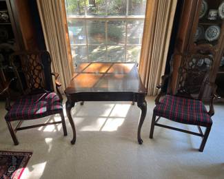 Hekman mahogany and burl single-drawer game table; chairs to be sold separately.