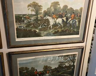 Two of four large, framed vintage prints titled “Herring’s Fox-Hunting Scenes” with artwork by J.F. Herring.