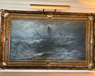 Oil painting by Detroit-area artist Robert Hopkin (1832-1909), seascape with ships.