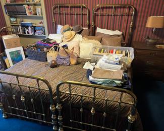 Pair of vintage brass single beds; king-size mattress.
