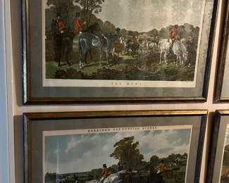 Two of four large, framed vintage prints titled “Herring’s Fox-Hunting Scenes” with artwork by J.F. Herring.