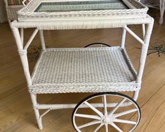 Vintage white wicker tea/bar cart.