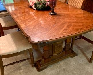 Mid Century Dining Table w/ Cane Back Chairs (8). Table is 63"/81" w/Leaf.