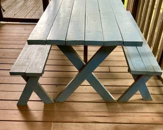 Large 6ft. Painted Blue Wood Picnic Table with/Side Benches.