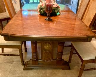Mid Century Dining Table w/ Cane Back Chairs (8). Table is 63"/81" w/Leaf.