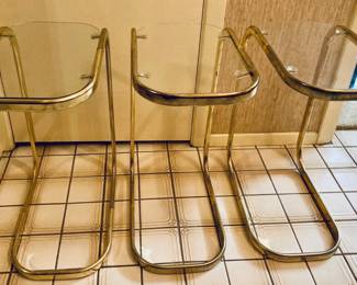 Vtg MCM Milo Baughman Style Brass Tone Metal Glass Top Cantilever Side Tables.