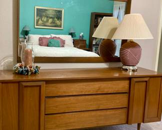 Mid Century Walnut Dresser and Curved Mirror.