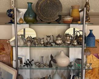 Silver plated table ware; MCM hand blown vases; sterling candleholders; celadon vases;