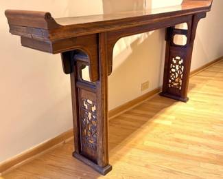 Chinese Carved Wood Altar Table with Fretwork and Everted Flanges