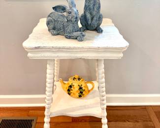 $100, Shabby chic painted table. 16" Top, 30"H. Bunnies are $14/each. One shows wear on the bottom.