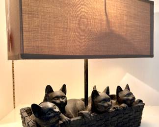 $48. Kitties in a basket lamp. Needs harp! 15" H