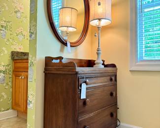 $300. Pine Shop made, 3 drawer chest with butler style, removable top. 29 x 16 x 33H. Oval Mirror, $150, 27W x 34H