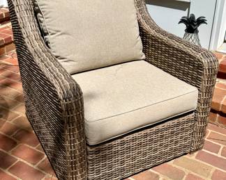 $200/each. FOUR avail! Outdoor plastic wicker chair, two cushions included. Made by Better Homes & Gardens. 32 x 33 x 31H