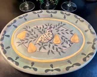 $38. Hand painted ceramic platter. 15"L. Some wear noted as shown.