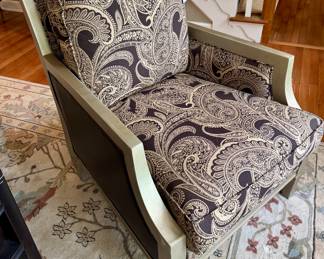 $600/each. TWO avail! Bassett custom upholstered, with leather on sides armchairs. Champagne colored wood. 29 x 33 x 38H. Very good condition. Normal wear noted around the legs.